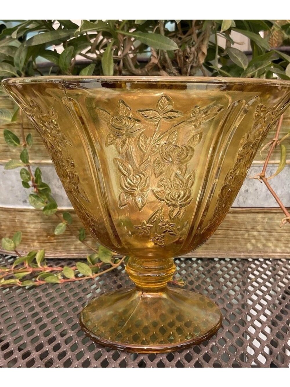 Vintage Amber Pressed Glass Footed Compote Bowl Floral Rose Centerpiece Dish